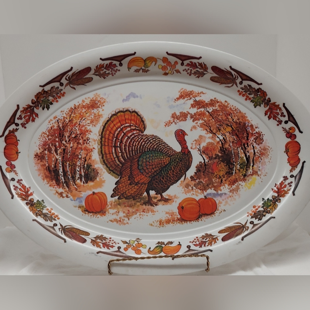 MCM Thanksgiving Turkey Platter Holiday Fall Pumpkins Melamine 21" USA Made